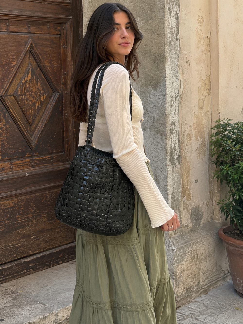 Artisan Indie Woven Leather Braided Tote Bag Slouchy Open Chain Link Weave
